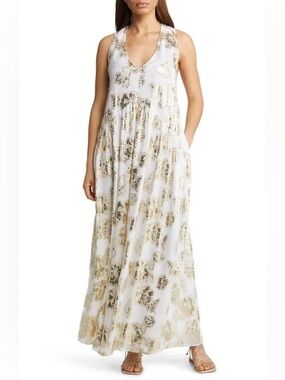 Ciebon White Maxi Dress with Gold Floral Foil